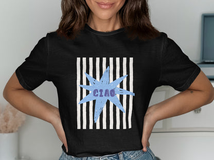 Black t-shirt with light blue "CIAO" starburst graphic on white stripes.