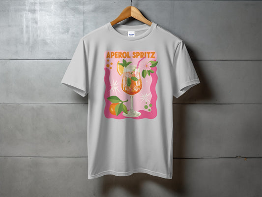 Grey t-shirt with Aperol Spritz graphic and text.