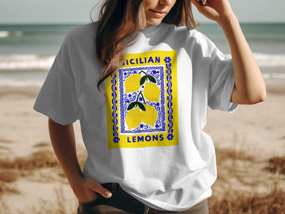 White t-shirt with a yellow graphic featuring blue-bordered lemons and "SICILIAN LEMONS".