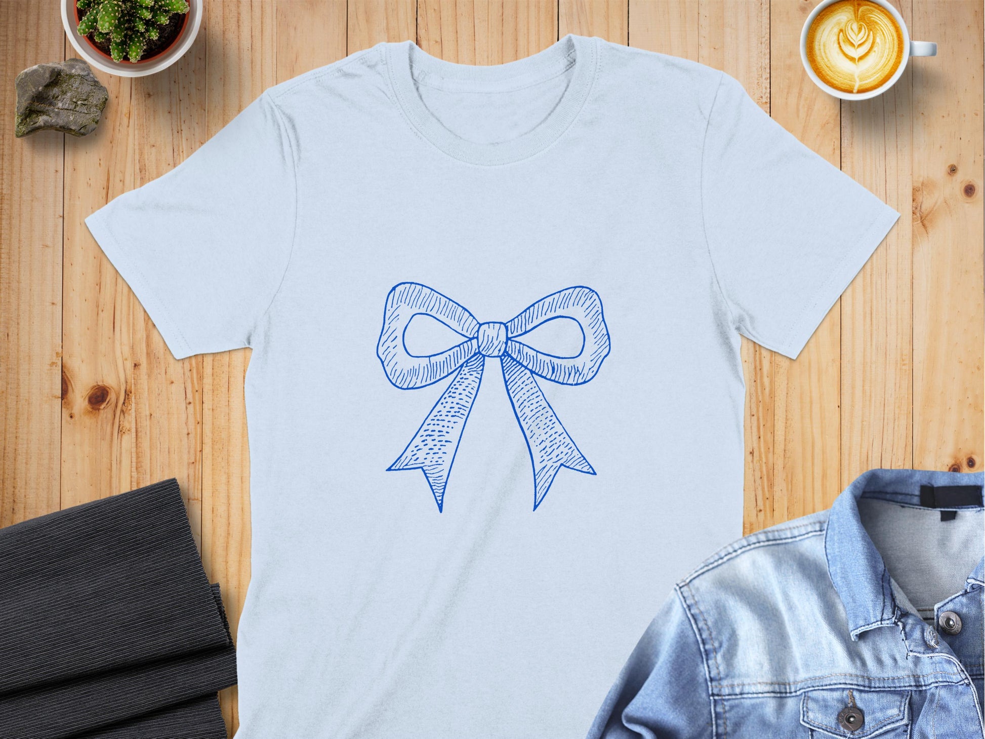 Elegant Blue Bow Design White T-shirt Clothing Product