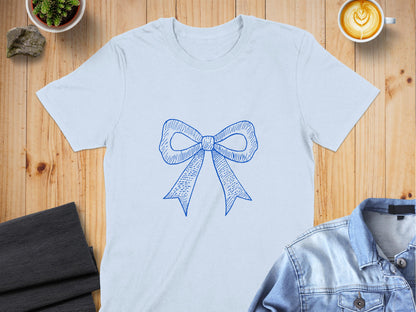 Elegant Blue Bow Design White T-shirt Clothing Product