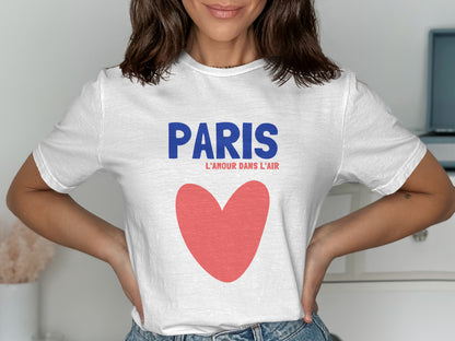 White t-shirt with "PARIS L'AMOUR DANS L'AIR" and a red heart.