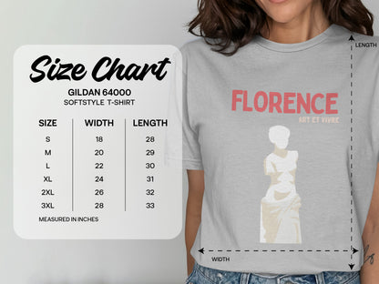 Gildan 64000 Softstyle t-shirt size chart for Florence, Art et Vivre.
