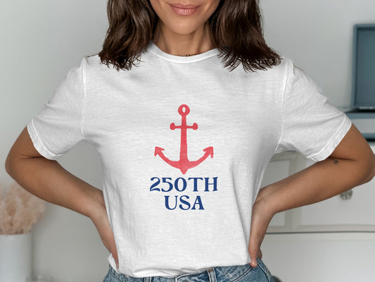 White t-shirt with red anchor and "250TH USA" text.