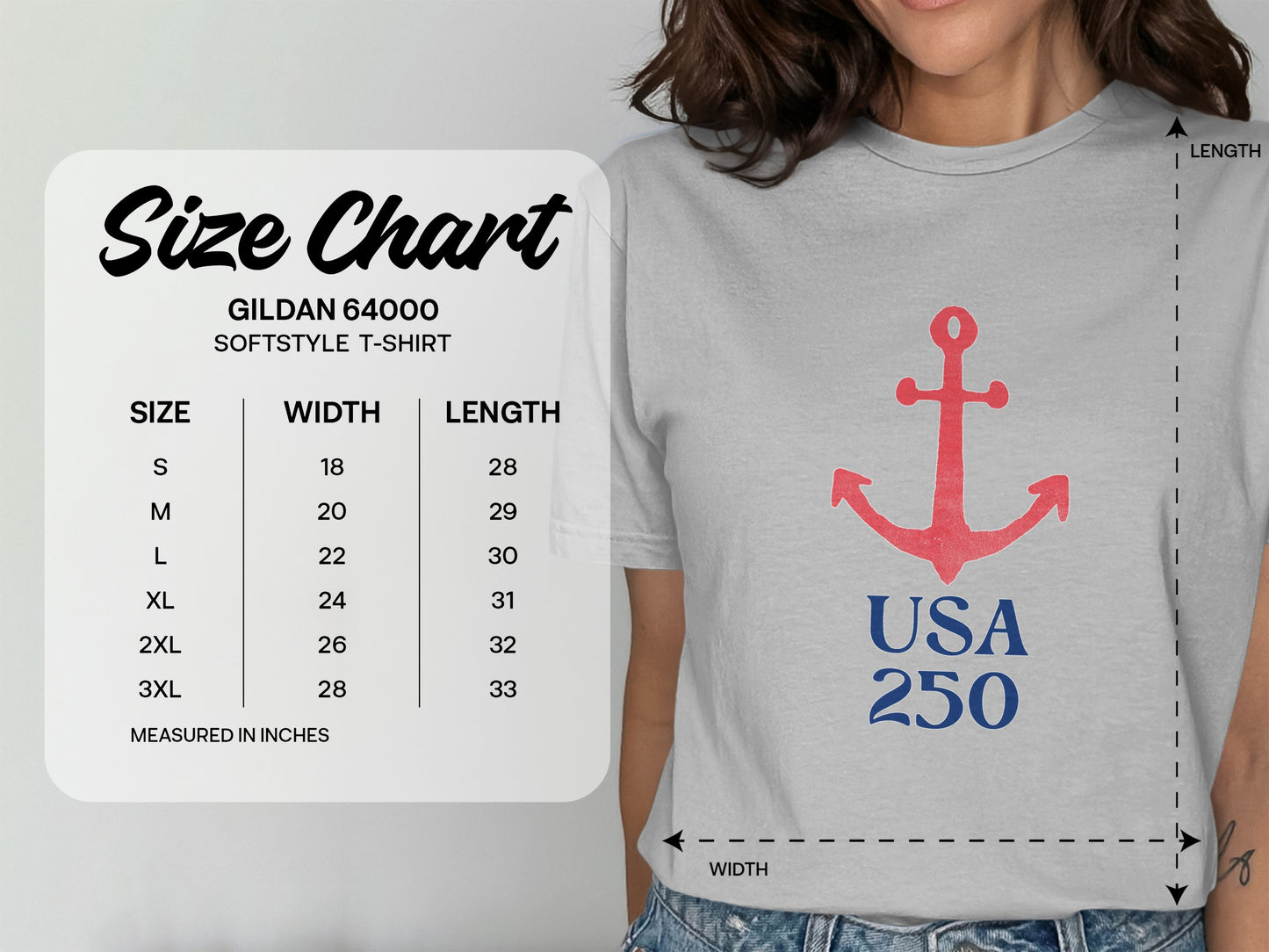 Gildan 64000 Softstyle T-Shirt size chart with measurements and USA 250 graphic.