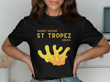 Black t-shirt with "Soirée Voyage St. Tropez Soleil" and coral graphic.