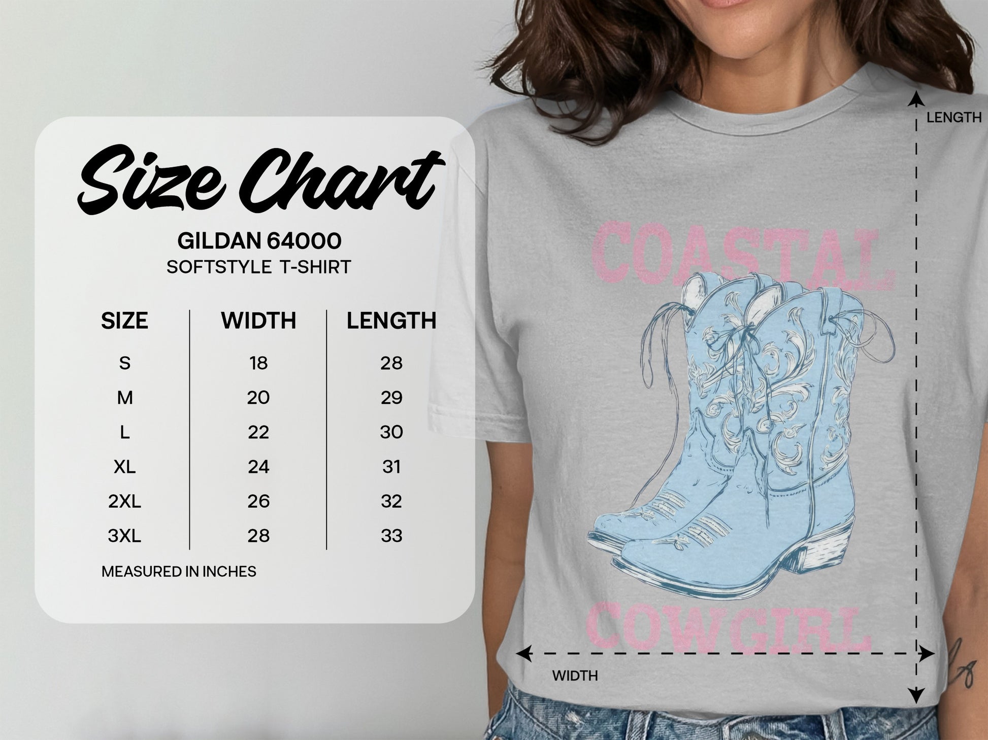 Gildan 64000 t-shirt size chart with width and length measurements in inches.