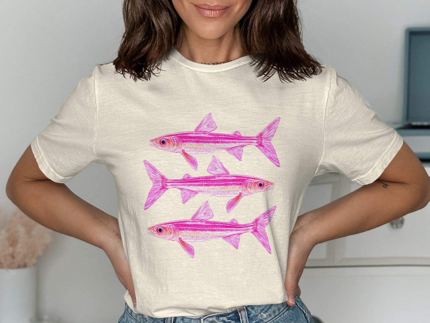 Vibrant Pink Triple Fish Art on Casual White T-Shirt product type