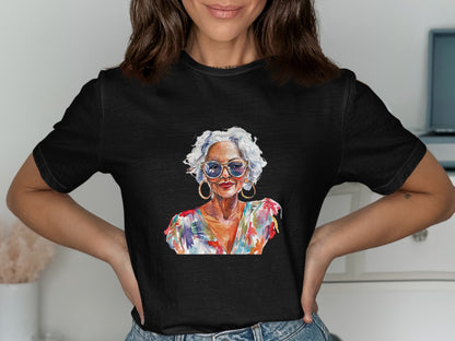 Black t-shirt with a watercolor portrait of a stylish older woman.
