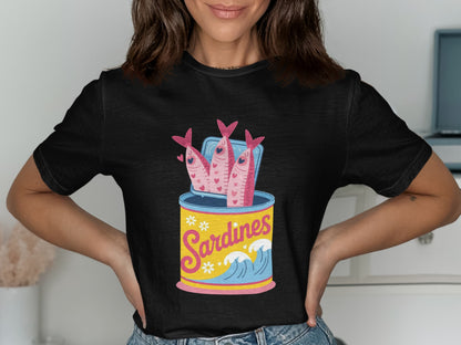 Black t-shirt with a can of sardines design and blue waves.