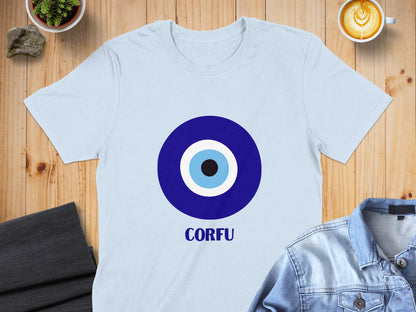 Light blue t-shirt with a blue and white evil eye symbol and "CORFU" text.