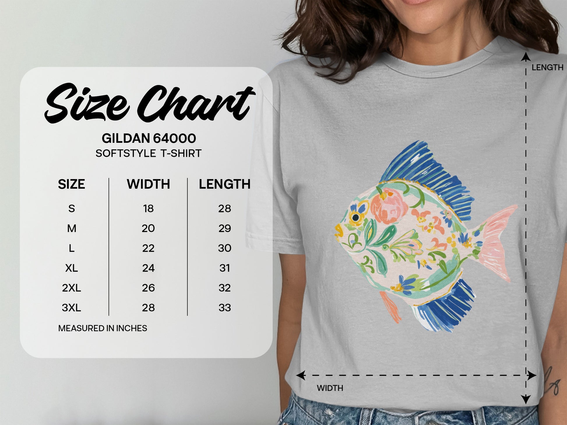 Gildan 64000 Softstyle T-Shirt size chart with width and length measurements.