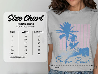 Gildan 64000 size chart for softstyle t-shirt with measurements in inches.