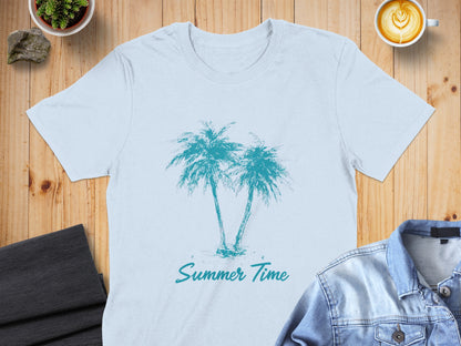 Light blue t-shirt with two teal palm trees and "Summer Time" text.
