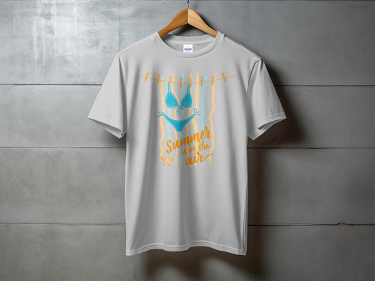 White t-shirt with a blue bikini and "Summer is in the air" text.