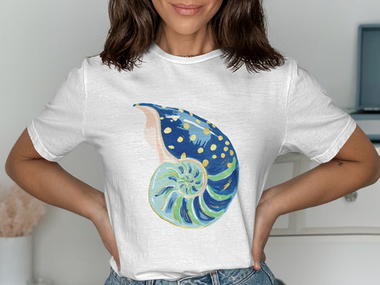 White t-shirt with a blue and green nautilus shell illustration.