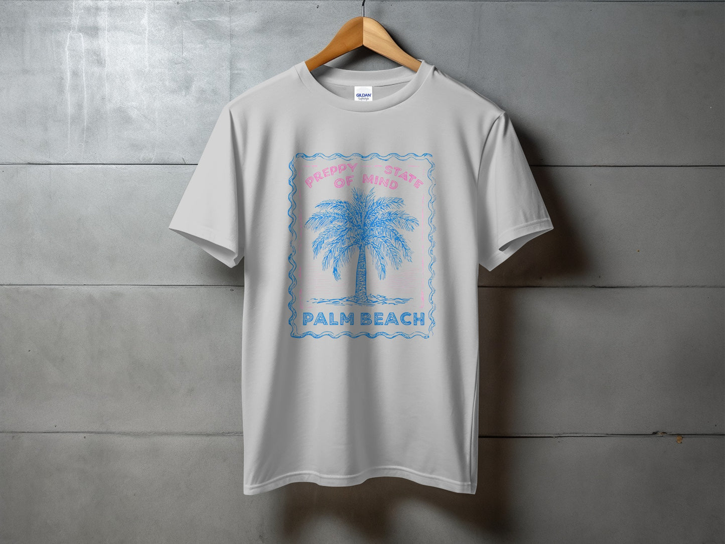 Light grey t-shirt with "PREPPY STATE OF MIND PALM BEACH" text and a blue palm tree.