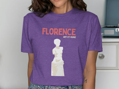 Purple t-shirt with "FLORENCE ART ET VIVRE" text and statue graphic.