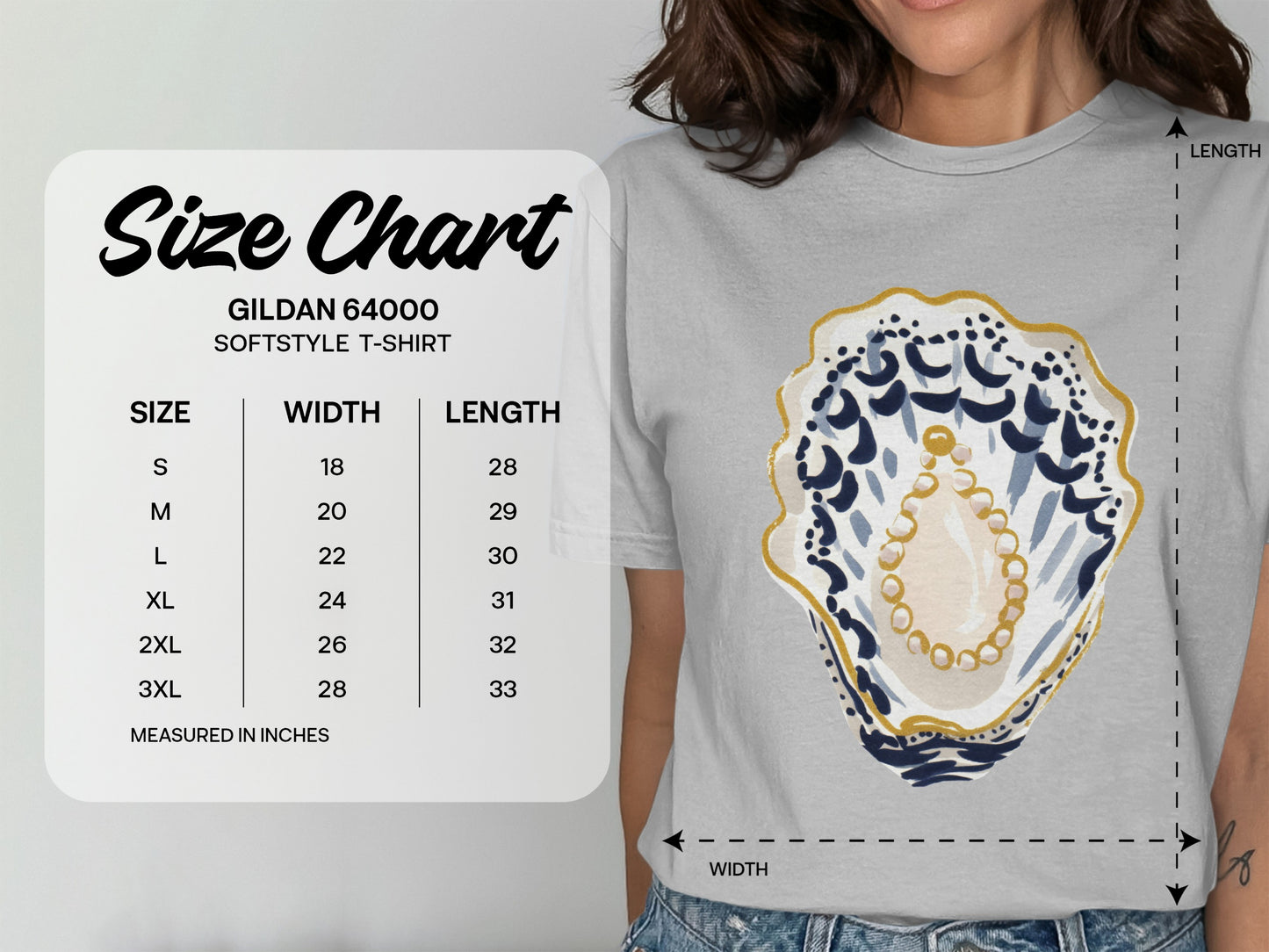 Gildan 64000 Softstyle T-shirt size chart with measurements in inches.