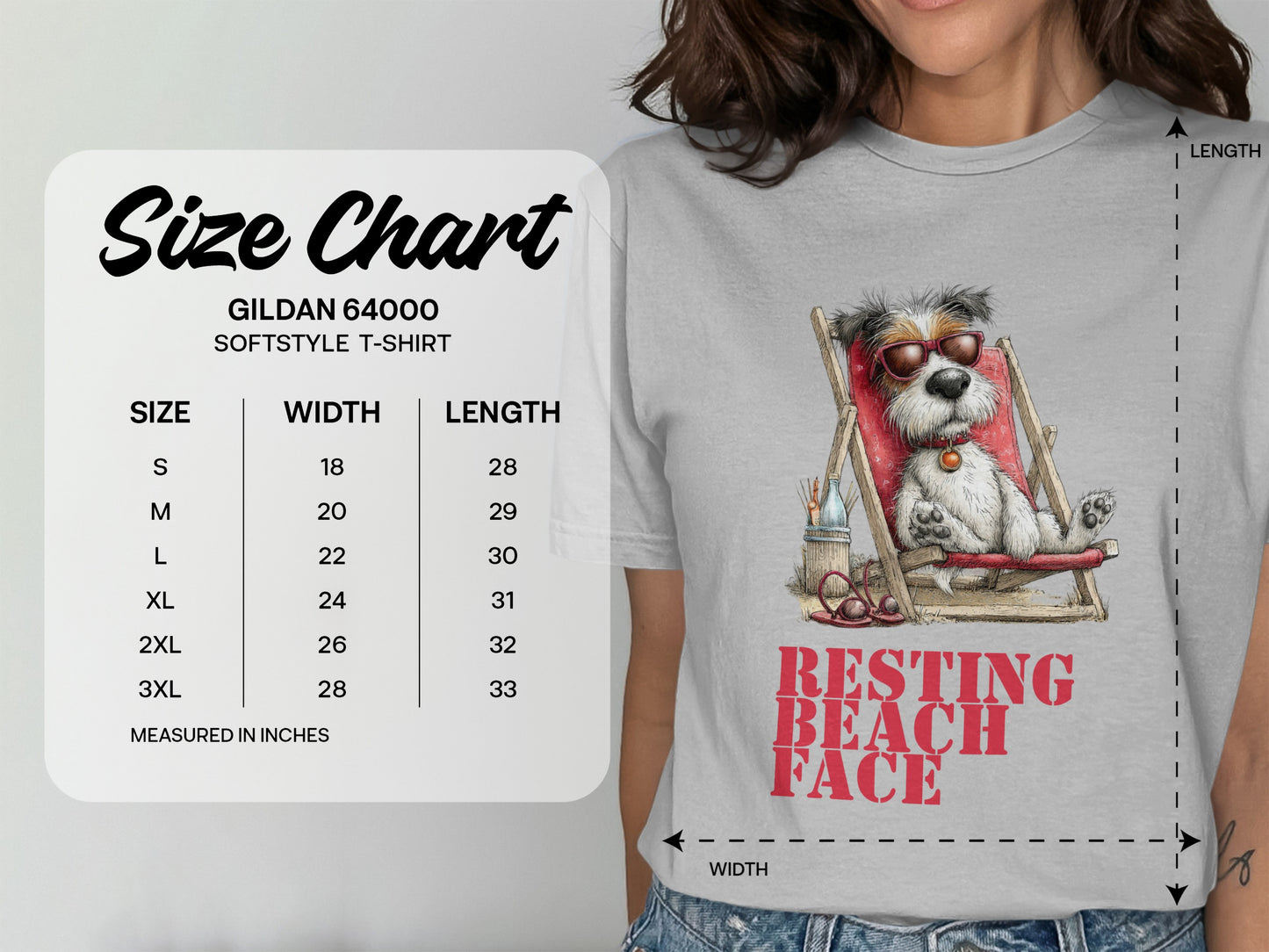 Gildan 64000 Softstyle T-shirt size chart with dog graphic.