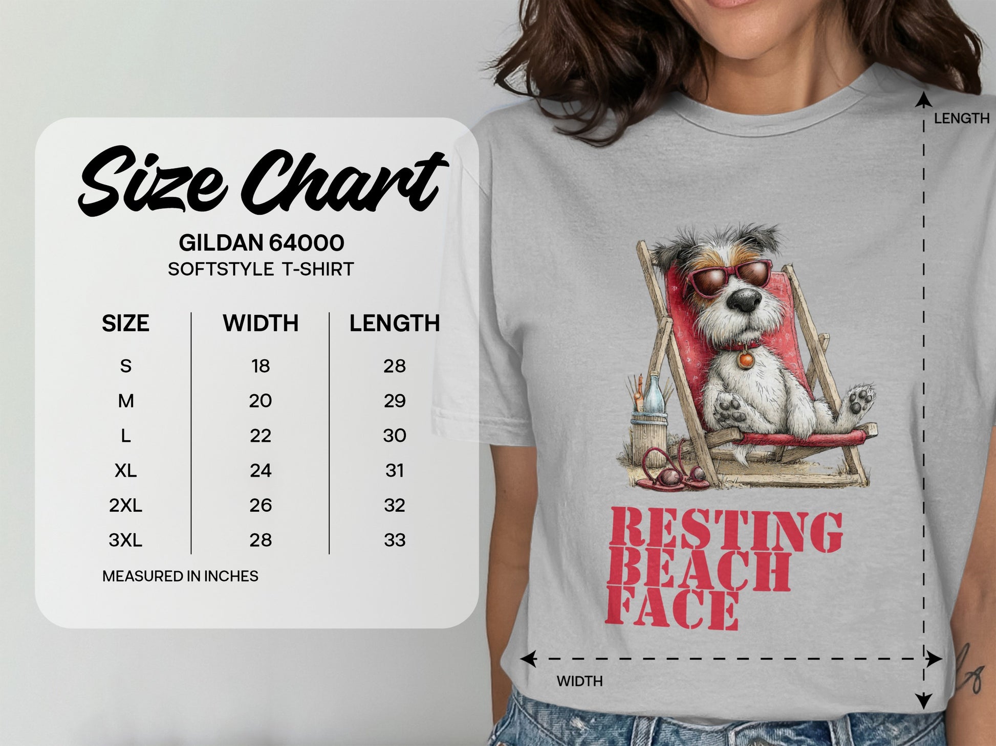 Gildan 64000 Softstyle T-shirt size chart with dog graphic.