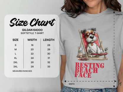 Gildan 64000 Softstyle T-shirt size chart with dog graphic.