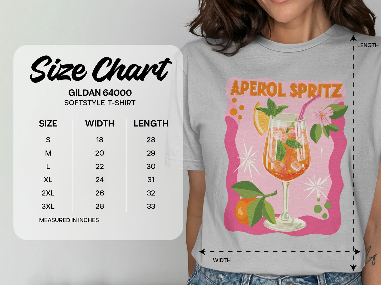 Gildan 64000 Softstyle T-shirt size chart with "Aperol Spritz" graphic.