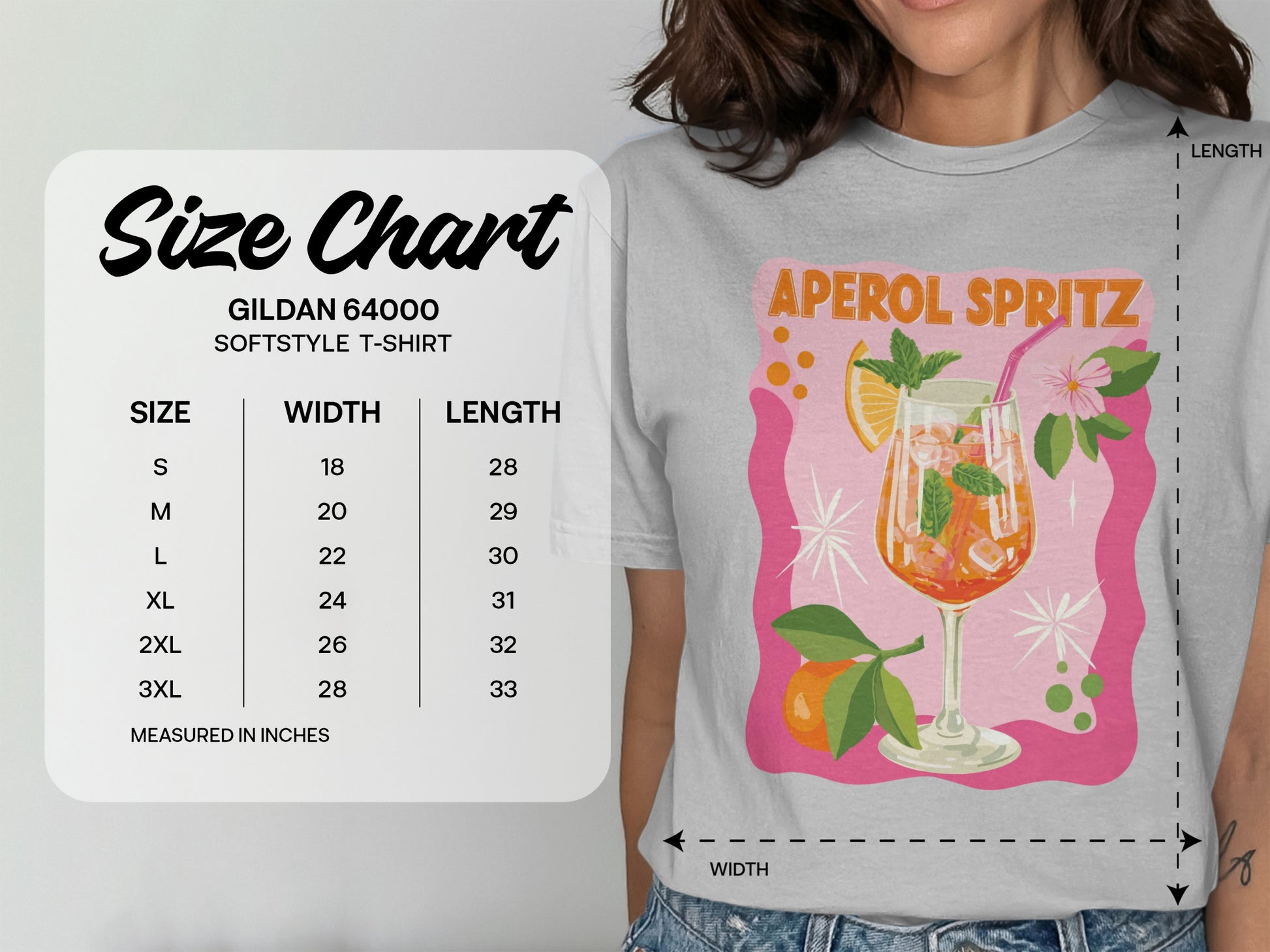 Gildan 64000 Softstyle T-shirt size chart with "Aperol Spritz" graphic.