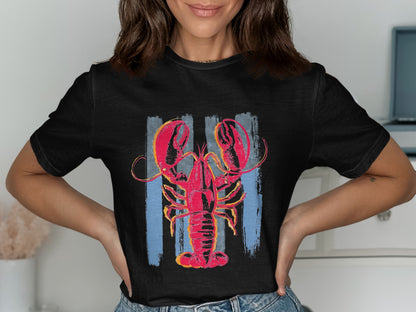 Black t-shirt with a distressed red lobster design on blue and gray stripes.