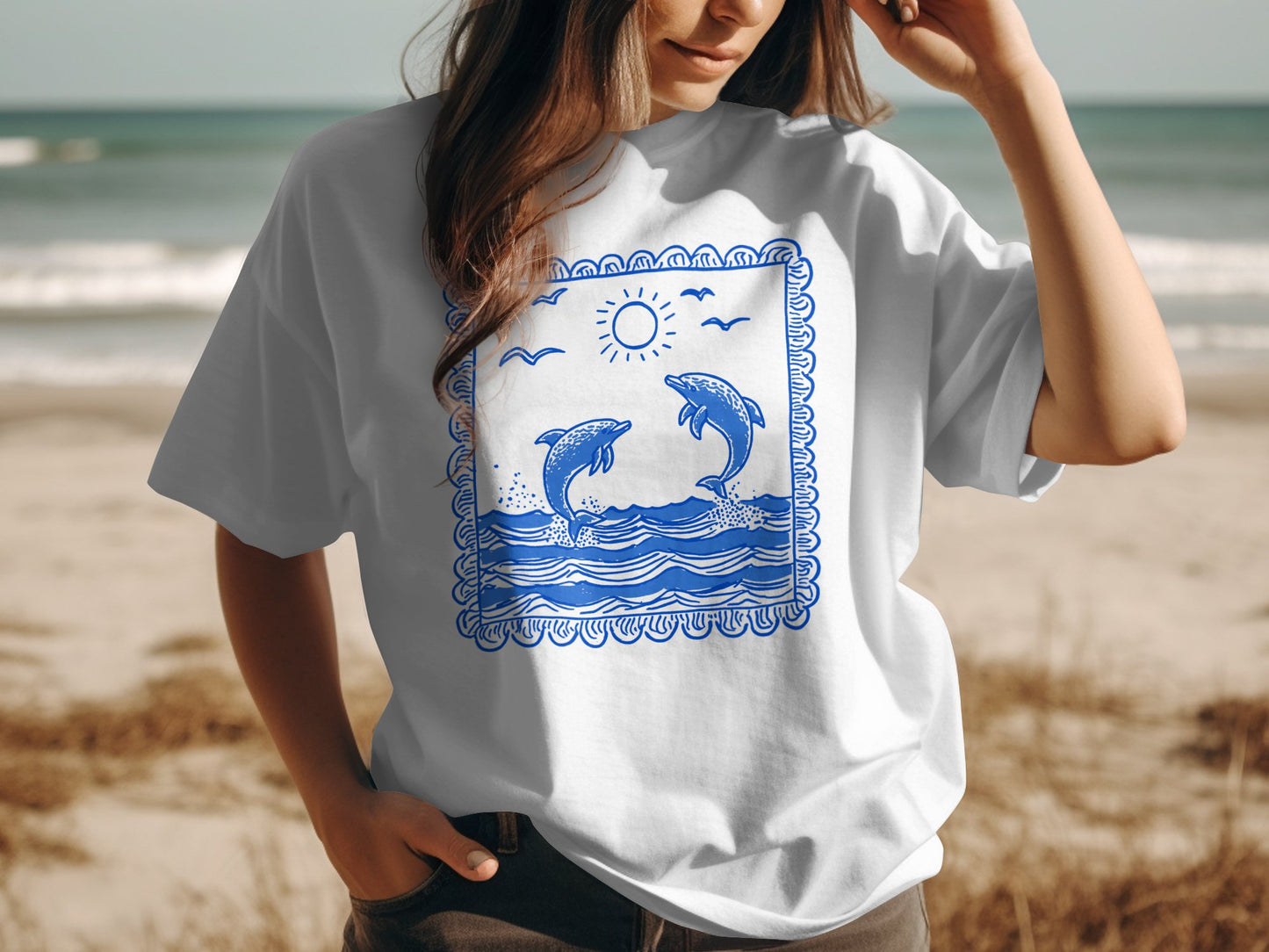 Stylish Dolphin Beach Scene Graphic Tee product