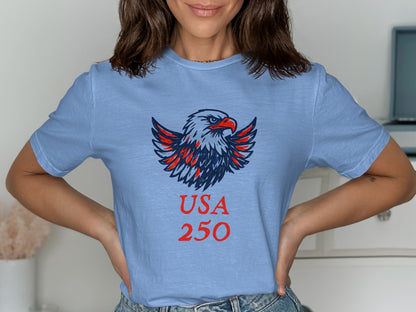 Light blue t-shirt with a bald eagle and "USA 250" text.
