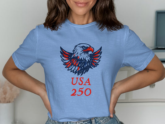 Light blue t-shirt with a bald eagle and "USA 250" text.