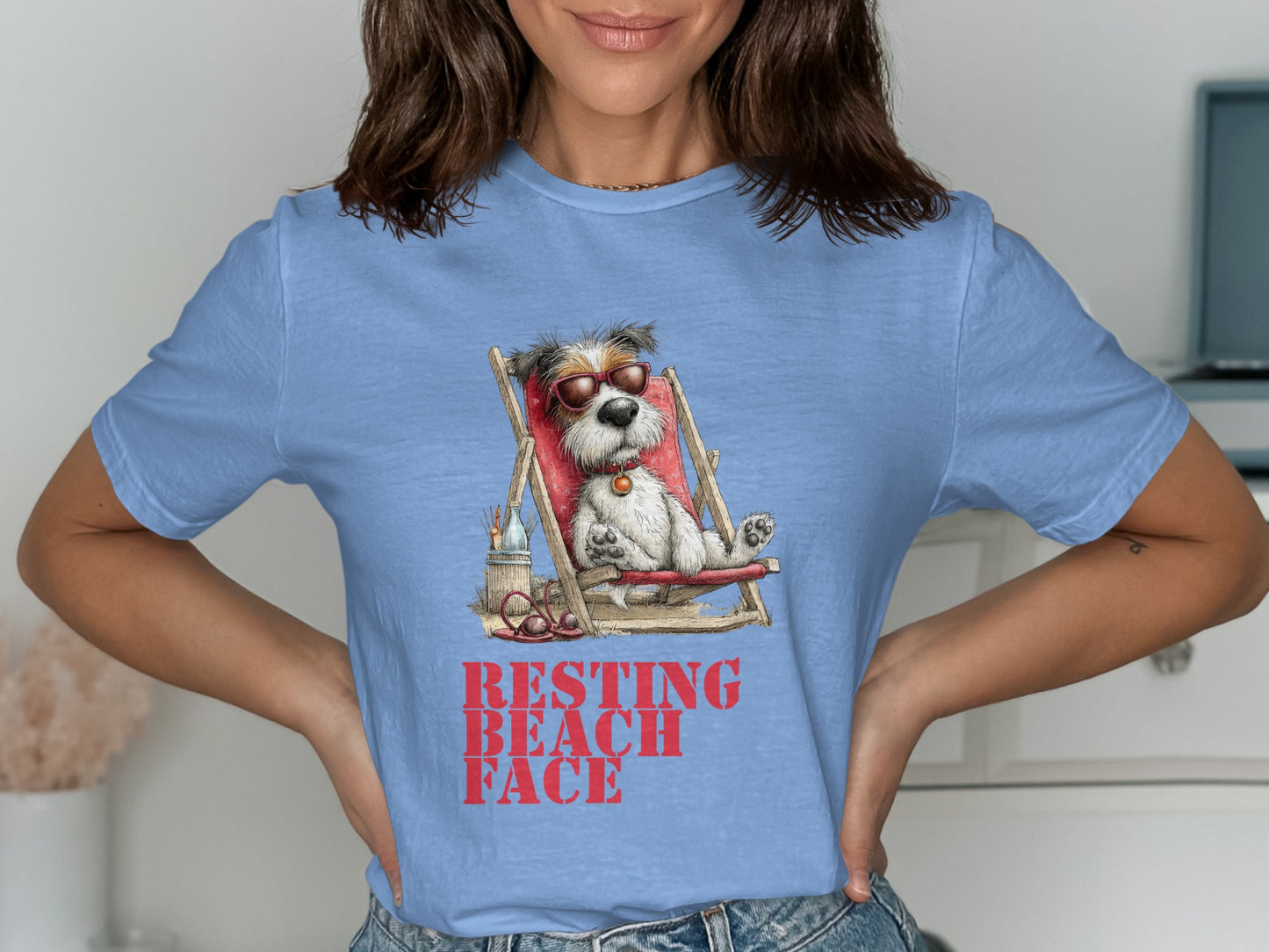 Dog in beach chair with sunglasses and "Resting Beach Face" text.