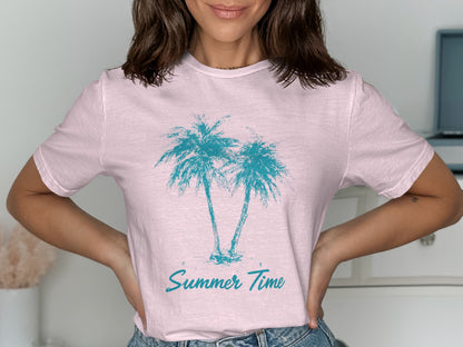 Pink t-shirt with teal palm trees and "Summer Time" graphic.