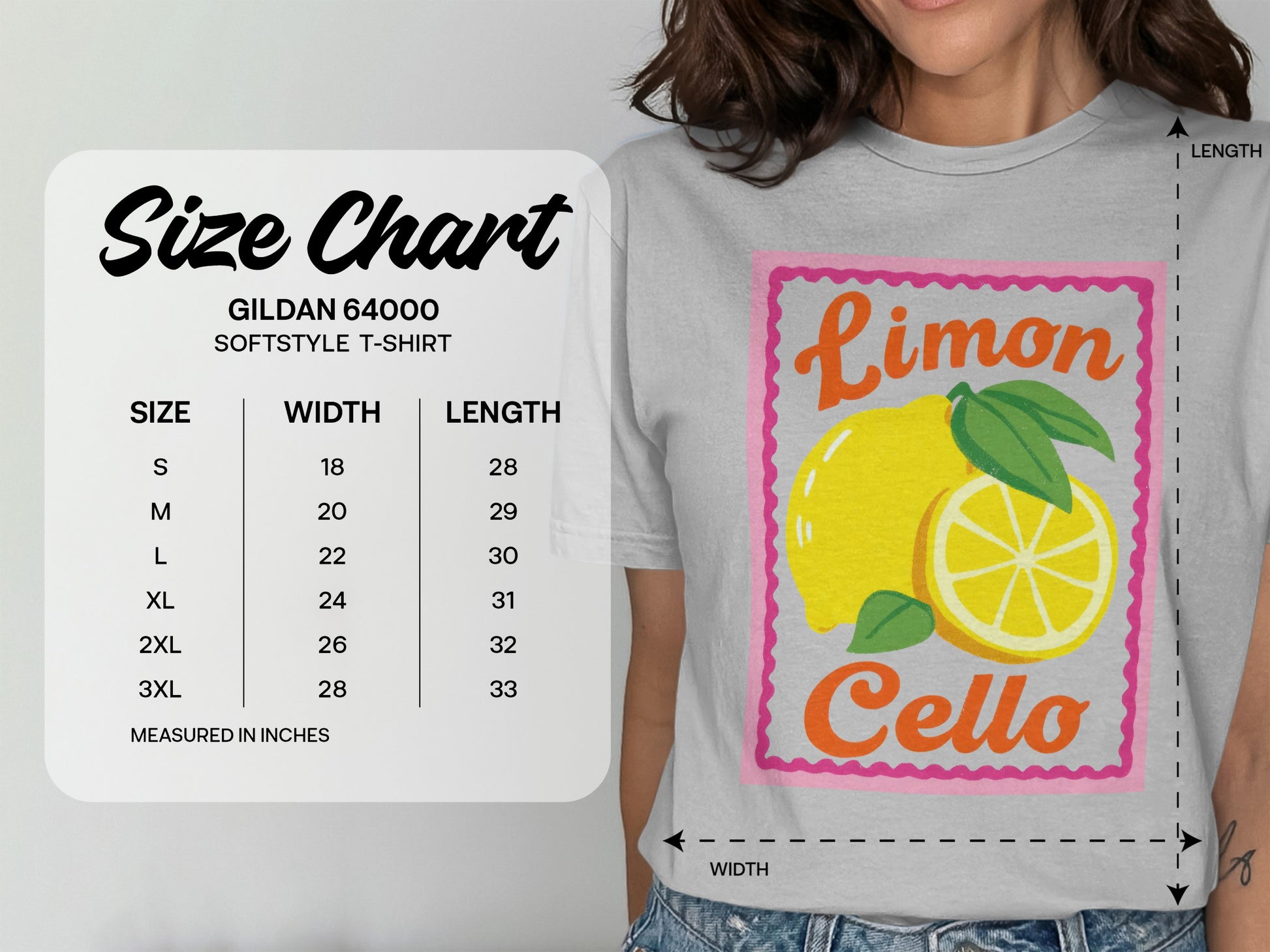 Gildan 64000 t-shirt size chart with lemon and limoncello graphic.