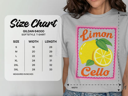 Gildan 64000 t-shirt size chart with lemon and limoncello graphic.