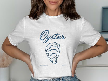 White t-shirt with blue "Oyster" text and shell illustration.