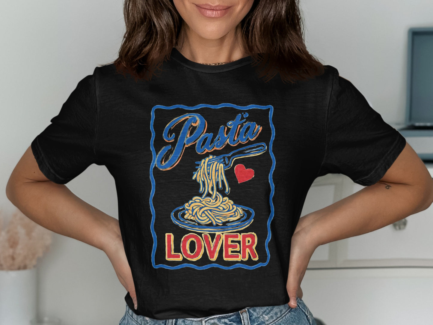 Black t-shirt featuring "Pasta Lover" text and a fork with pasta.