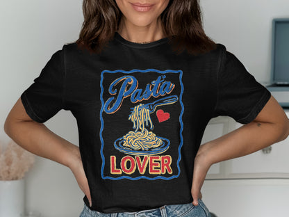Black t-shirt featuring "Pasta Lover" text and a fork with pasta.