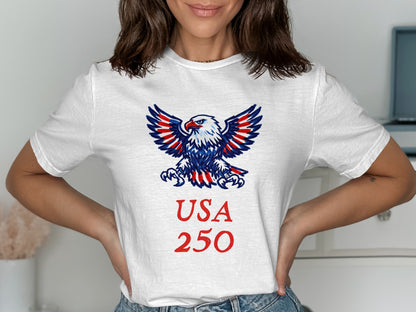 White t-shirt with bald eagle and "USA 250" text.