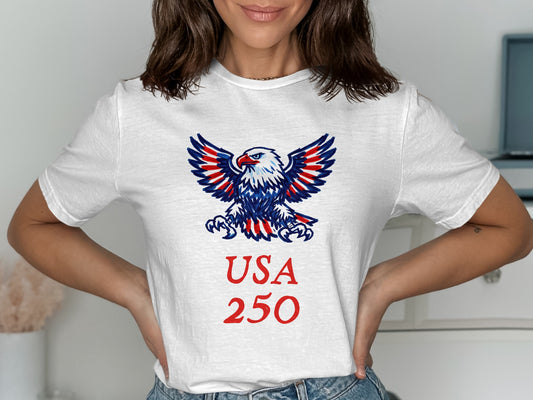 White t-shirt with bald eagle and "USA 250" text.
