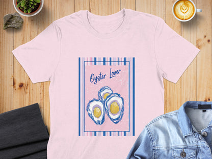 Pink t-shirt with "Oyster Lover" text and three stylized oysters.