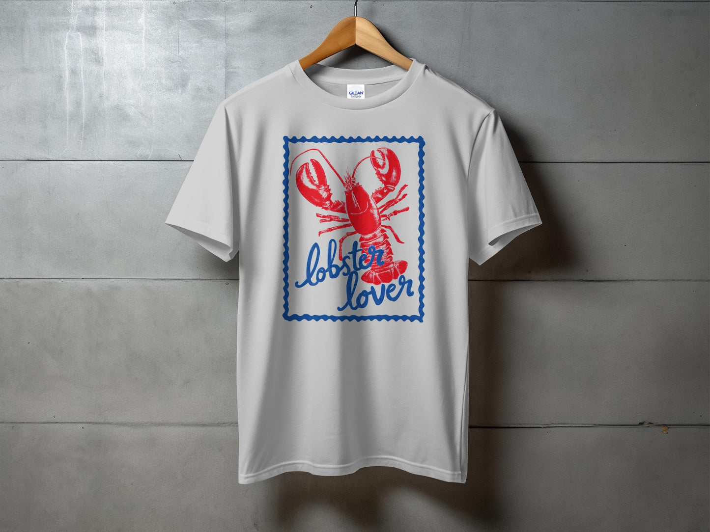 White t-shirt with red lobster graphic and "lobster lover" text.