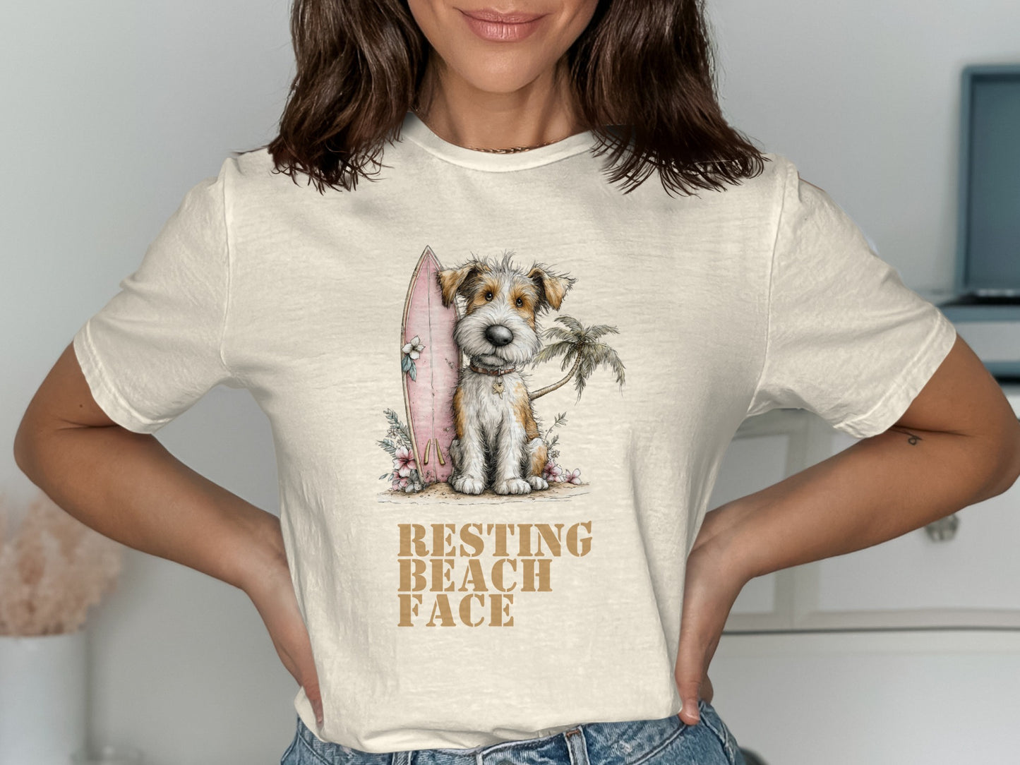 Dog with surfboard and palm tree, "RESTING BEACH FACE" text.