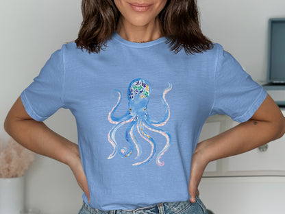 Light blue t-shirt with a watercolor-style blue octopus design.