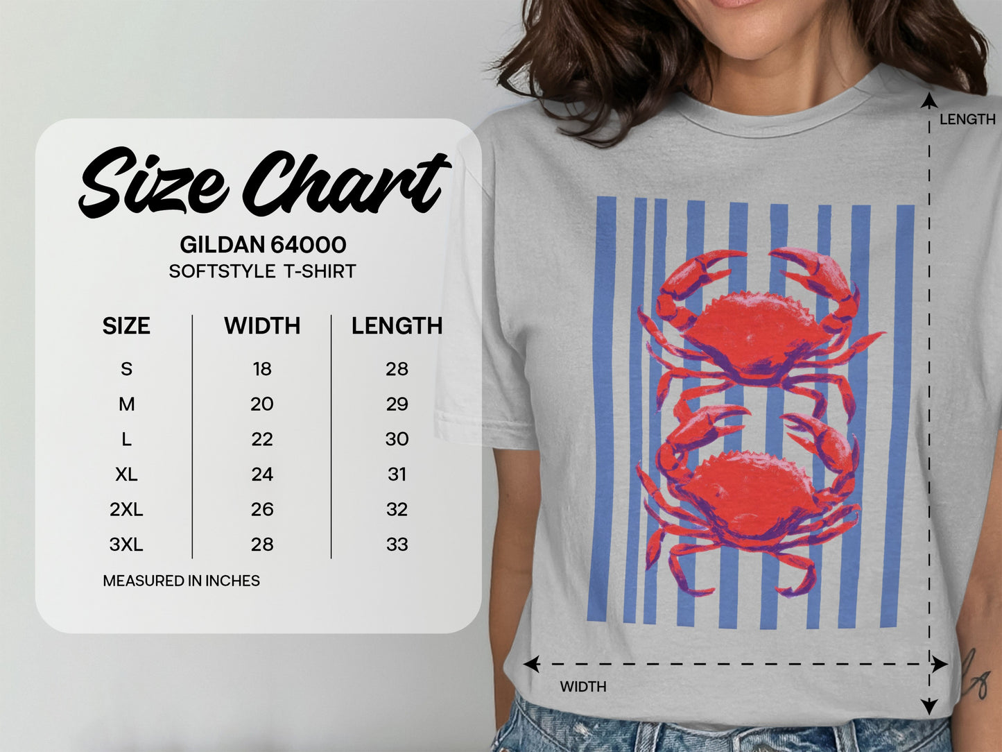 Gildan 64000 t-shirt size chart with two red crabs.