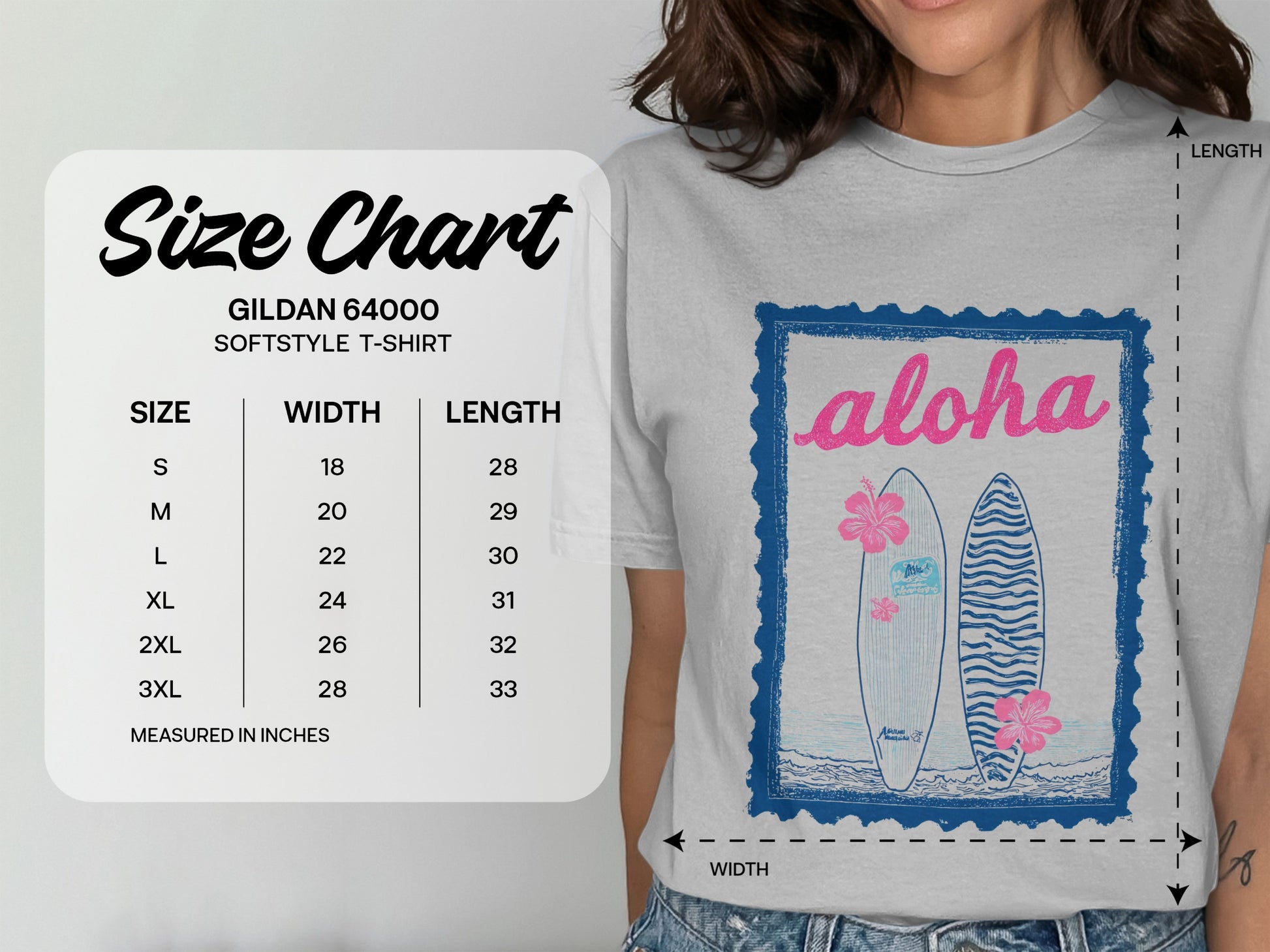 Gildan 64000 Softstyle T-shirt size chart with aloha graphic.