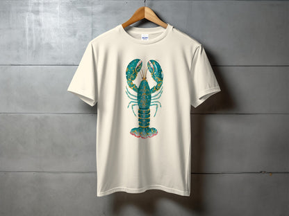 Cream t-shirt with a teal and gold lobster graphic.