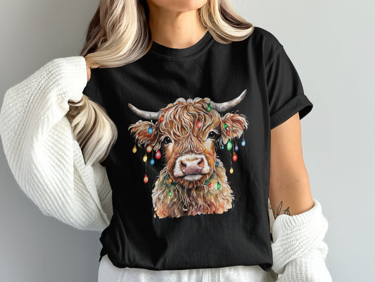 Festive Highland Cow with Lights Graphic T-shirt product type