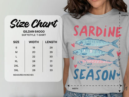 Gildan 64000 size chart showing measurements for t-shirts, with "Sardine Season" graphic.